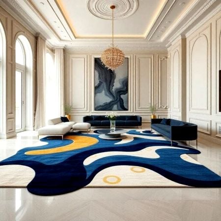 Handcrafted Blue Abstract Freeform Living Room Rug